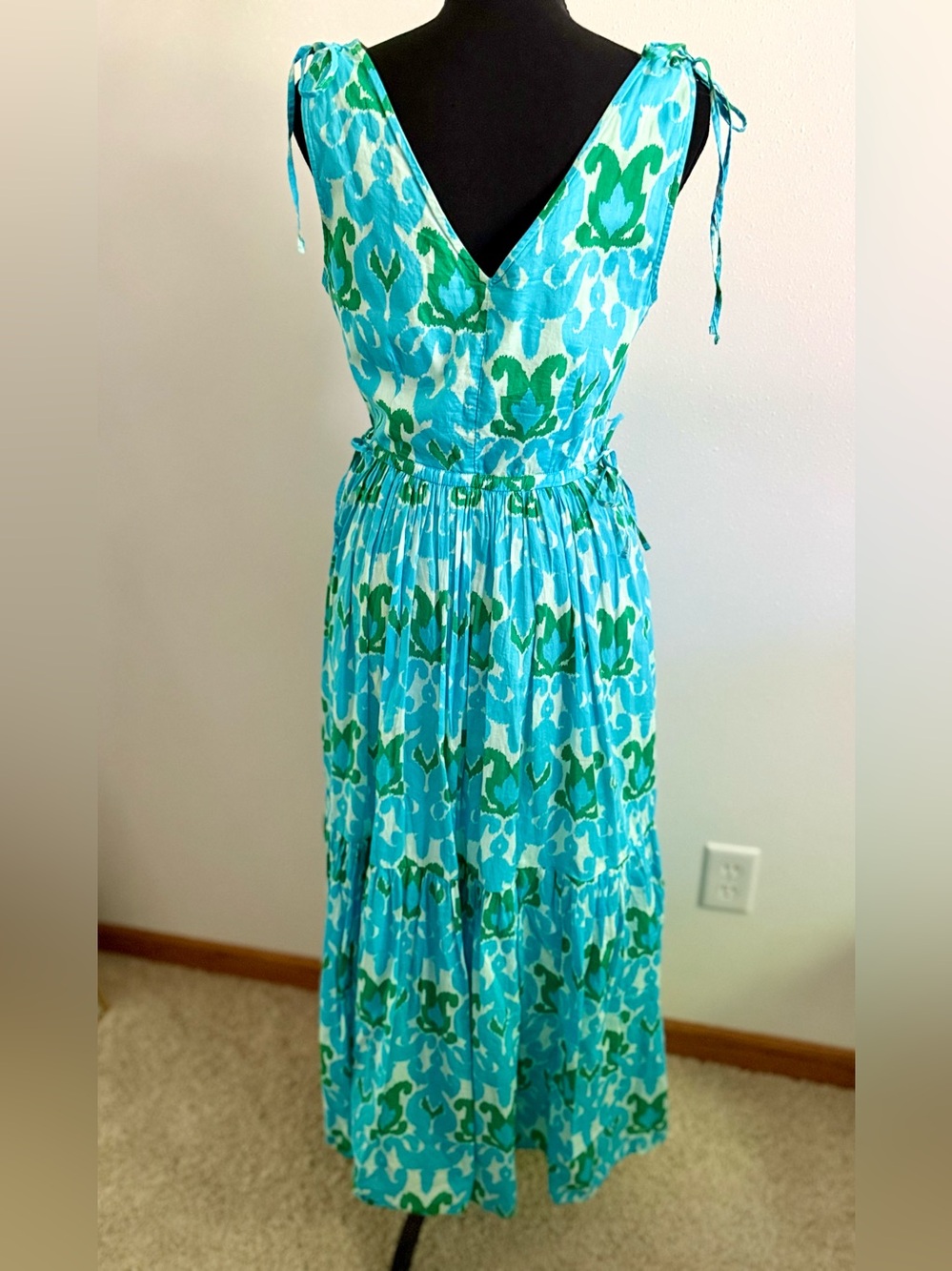 Talbots Blue Green Ikat Print Cotton Maxi Dress Size 4 - Picture 9 of 11